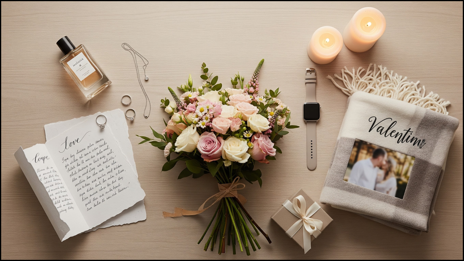 A flat lay of romantic Valentine’s Day gifts arranged on a light wooden surface.