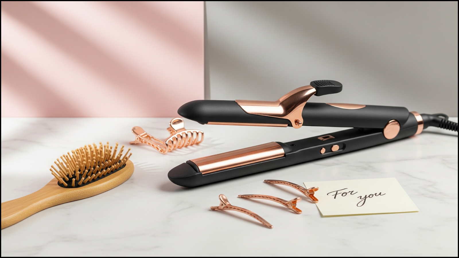 Hair styling tool set on a vanity table.